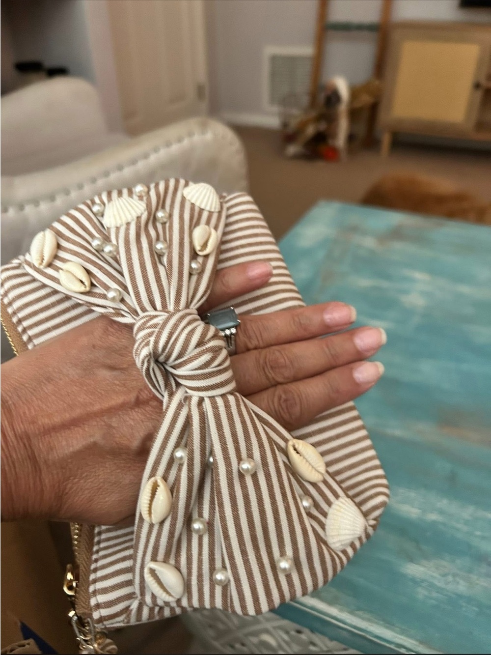 Shiraleah Striped Bow Wristlet Clutch with Shell & Pearl Accents